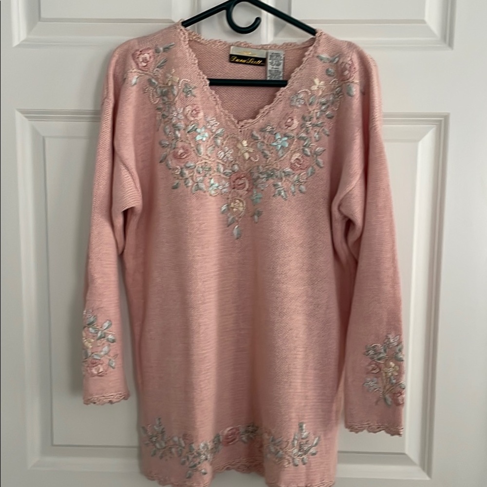 Pink Floral Embroidered V-Neck Sweater